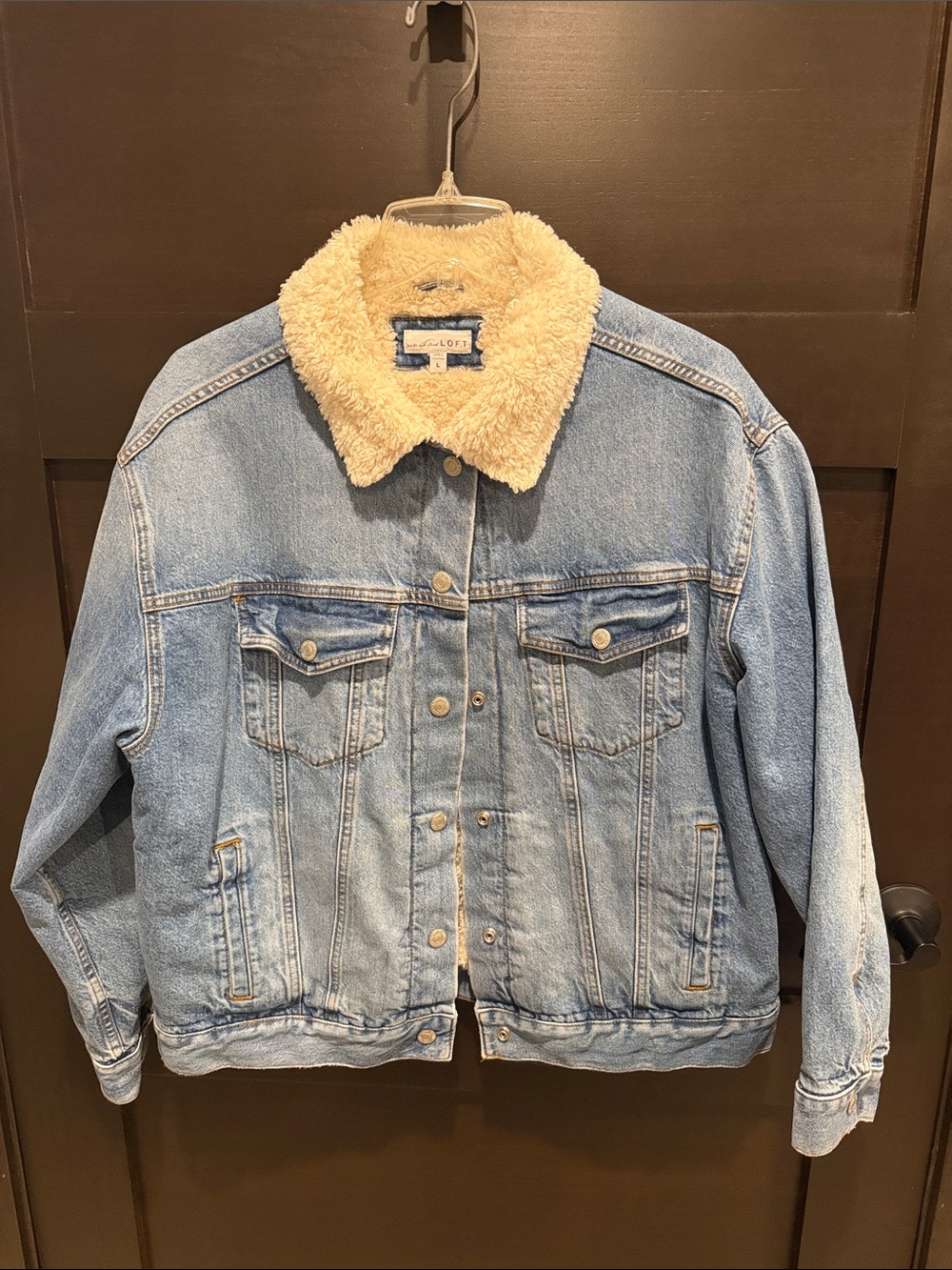 LOFT Light Blue Denim Jacket with Cream Sherpa Collar